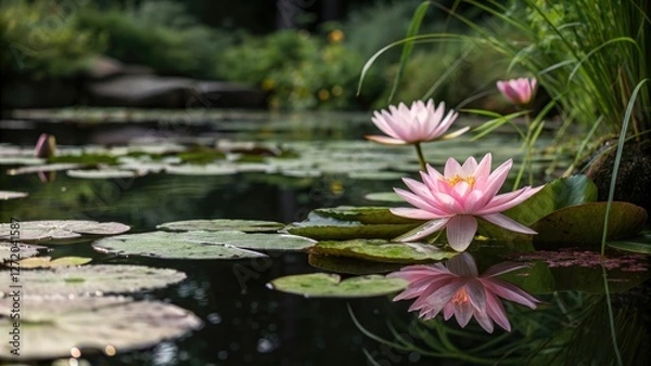 Fototapeta Delicate pink waterlily petals are reflected in the calm surface of a black lotus pond, surrounded by lush greenery and vibrant aquatic life, pond, botanical, greenery