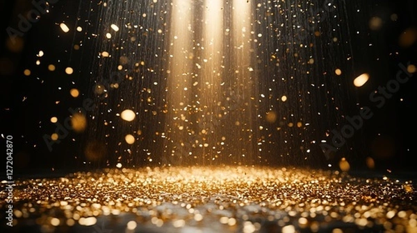 Fototapeta Golden particles falling in spotlights creating enchanting atmosphere