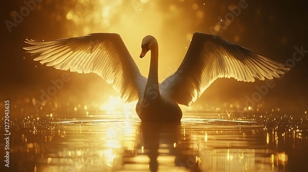Obraz Stunning swan spreading wings under magical golden light high resolution photo