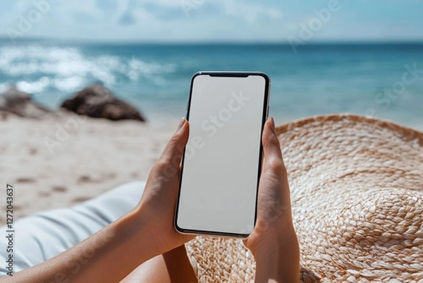 Obraz Mockup image of a woman holding and using mobile phone with isolated blank desktop screen white sitting on the beach