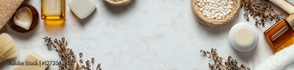 Fototapeta a composition of natural cosmetic and spa accessories, laid out along the edges of the frame on a light background.  