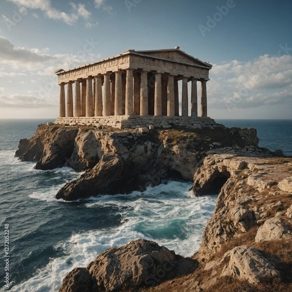 Fototapeta A Greek temple perched atop a seaside cliff.