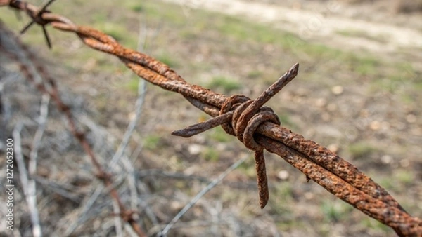 Fototapeta Detail of rusty wire with sharp barbs and intricate metal texture, rusty wire, wire fibers, wire cuttings, white background, metal remnants