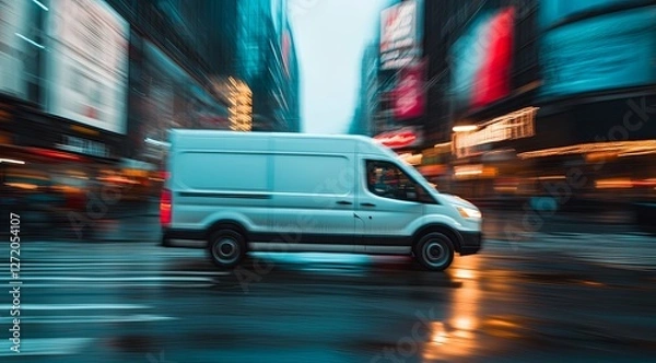 Fototapeta White delivery van moving fast through busy city street at night