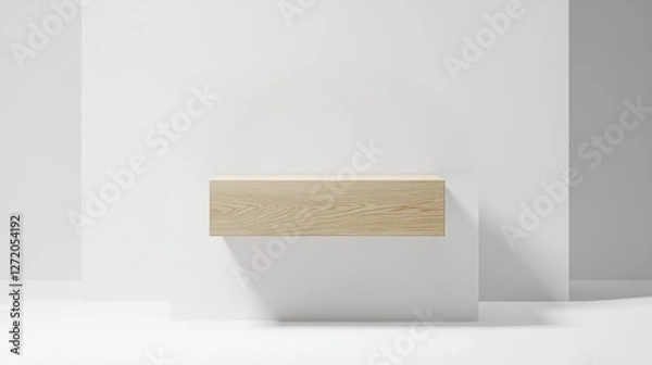 Fototapeta Minimalist light wood shelf against white wall, studio backdrop, product display