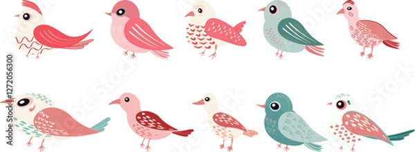 Fototapeta Set of cute spring colorful songbirds Different beautiful birdie Vector cartoon illustration in childish style isolated on white