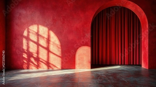 Obraz Red room interior with archway and curtains, sunlight casting shadows