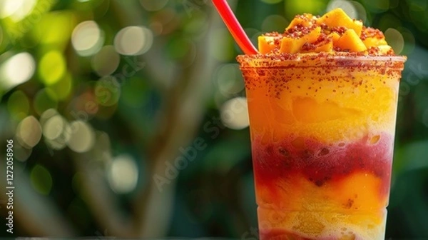 Fototapeta A close-up view captures a colorful Mangonada served in a tall glass