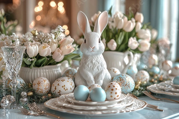 Fototapeta Easter bunny and easter eggs on white table, serving of Easter table