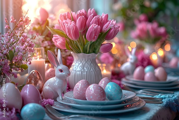 Fototapeta Easter bunny and easter eggs on white table, serving of Easter table