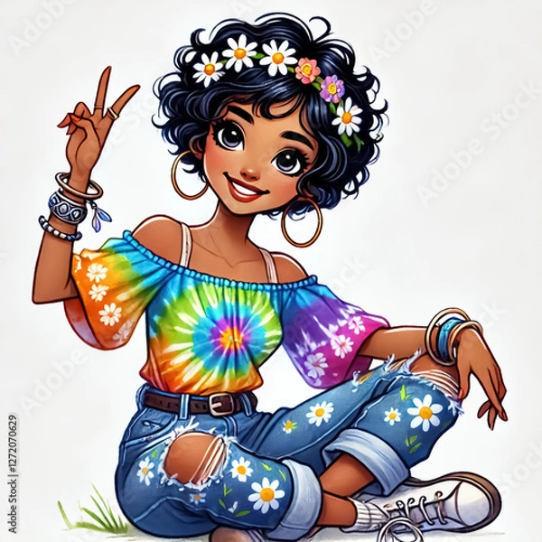 Fototapeta Hippie girl with short curly black hair, wearing a colorful off-shoulder top and floral ripped jeans, making a peace hand sign