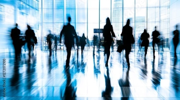 Fototapeta Silhouettes of people in motion in modern glass office building lobby