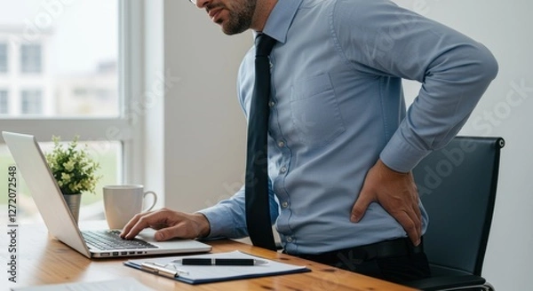 Fototapeta A businessman is sitting at his desk, feeling discomfort in his lower back while typing