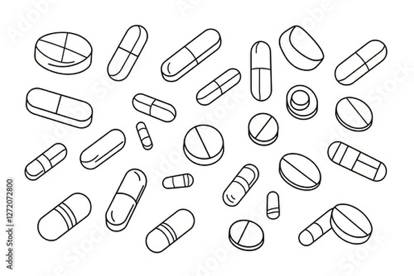 Obraz Single one line drawing set of pills and capsules isometric icon. painkillers, antibiotics, vitamins and aspirin.