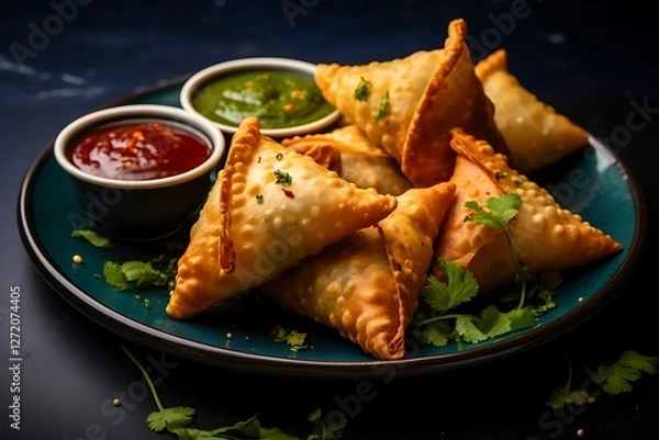 Fototapeta A plate of golden, crispy samosas is garnished with fresh cilantro and served with two dipping sauces, one vibrant red and the other bright green, highlighting the rich flavors of this beloved snack.