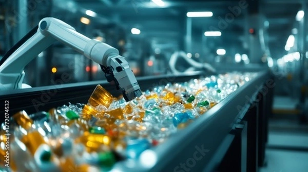 Fototapeta In a modern recycling facility, a robotic arm efficiently sorts plastic bottles of varying colors on a conveyor belt, demonstrating the automation of waste management processes