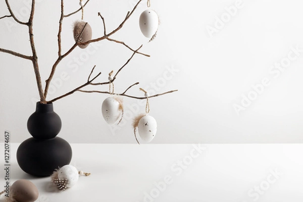 Fototapeta Easter composition with modern vase and decorative eggs hanging on the twigs. Easter natural background, copy space for your text.