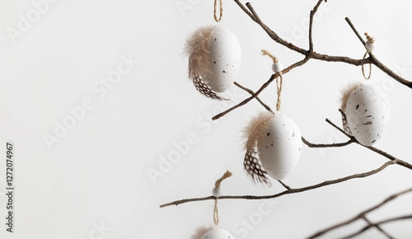 Fototapeta Easter composition in natural colours  with decorative eggs hanging on twigs. Easter background and wallpaper, copy space for your text.