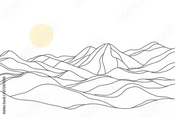 Fototapeta Abstract mountain range landscape background. Simple line drawing of mountains and sun.