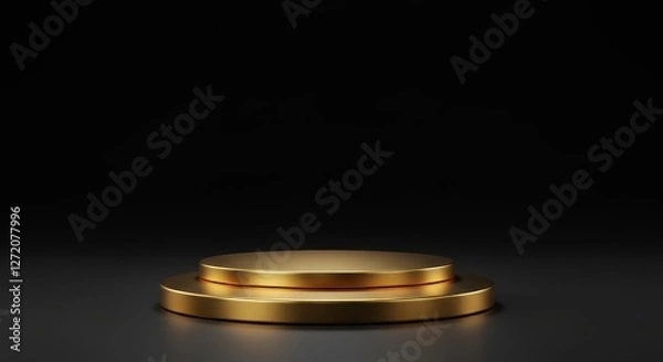 Fototapeta Gold Podium Product Display on Black Background - Elegant gold podium, perfect for showcasing products. Symbolizes luxury, success, achievement, presentation, and sophistication