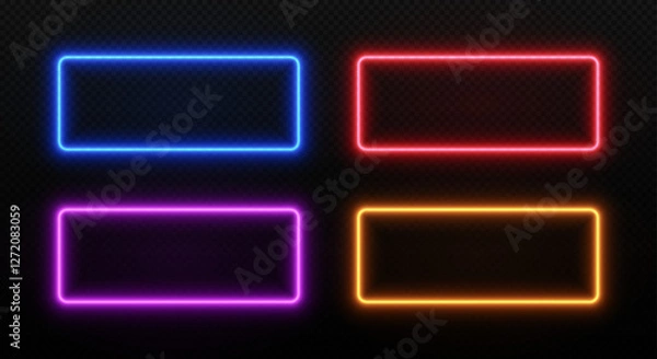 Obraz Light neon rectangle frame. Glow LED border. Vector set of laser templates for design isolated on dark transparent background.