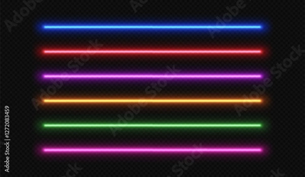 Obraz Neon line light. LED laser stripe. Fluorescent tube glow. Set of vector electric beams dividers isolated on black transparent background.