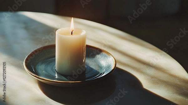 Obraz A white candle with a flame sits atop a decorative dish on a light surface with contrasting shadows.