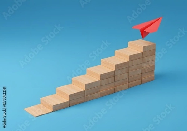 Obraz Staircase of Wooden Blocks Leading to Red Paper Airplane