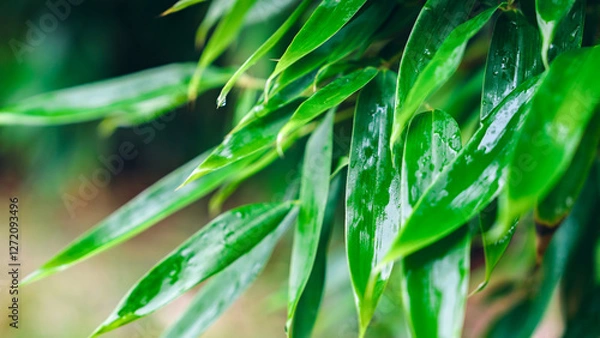 Obraz Bamboo leaves with water droplets