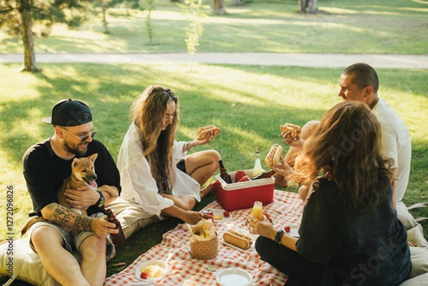 Fototapeta Happy people having picnic with hot dogs and cold drinks, sitting on a plaid in a park.