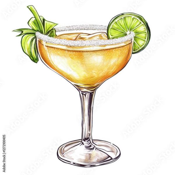 Obraz a margarita cocktail with a lime garnish and salt rim, transparent background, PNG