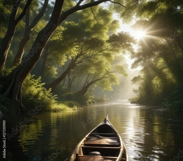 Fototapeta Dappled sunlight filters through the dense canopy above as a canoe paddles down a winding river, landscape, river