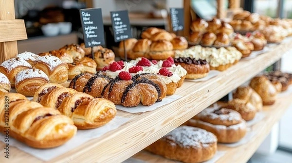 Fototapeta Delicious pastries displayed on wooden shelves in bakery