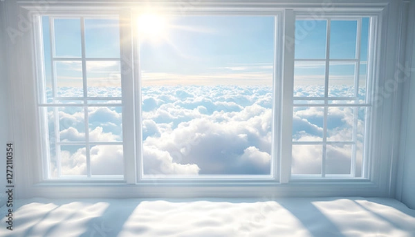 Fototapeta Serene sky view through window with radiant clouds and sunlight