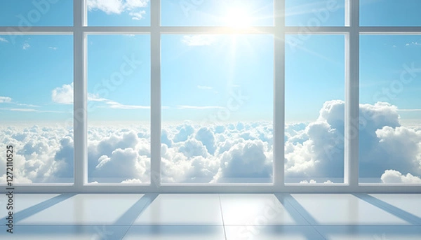 Fototapeta Serene sky view through window with radiant clouds and sunlight