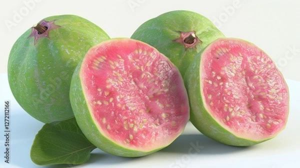 Fototapeta Bright green guava fruits are vividly displayed with one cut in half showcasing their luscious pink flesh and seeds. Ideal for health-focused meals or snacks they highlight freshness and nutrition