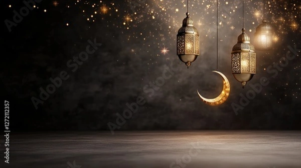 Fototapeta ramadan ornate lanterns and golden crescent moon with stars background