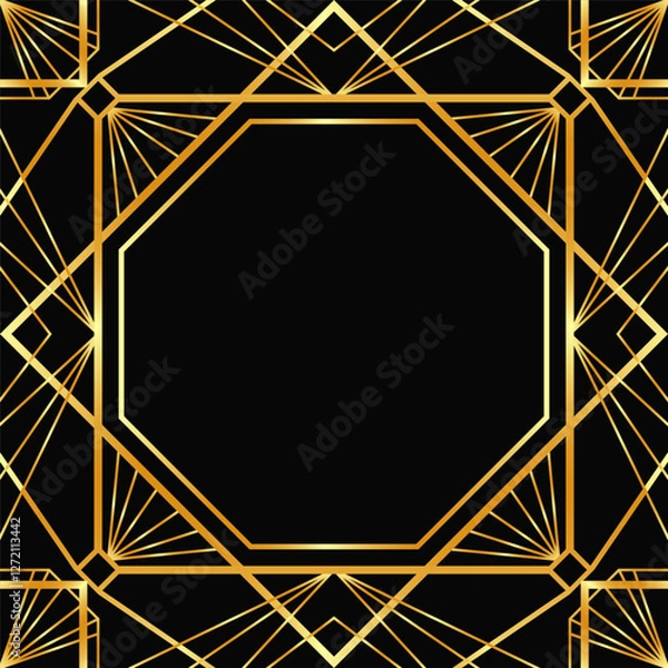 Fototapeta Gold decorative empty frame. Art Deco square line art border for social media, post card, banner on black
