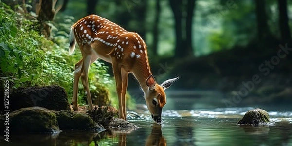 Fototapeta A deer drinks water from a river in the forest

