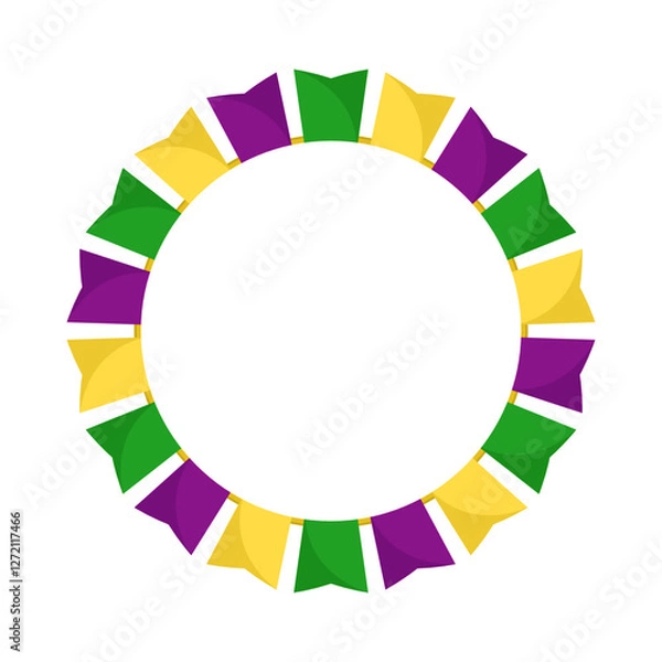 Fototapeta Vector Mardi Gras circle garland frame. Purple, green and yellow flags in circles with empty space on white