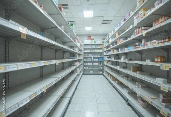 Fototapeta Partially empty pharmacy shelves in a well-lit store.