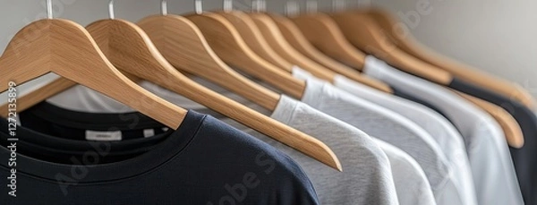 Fototapeta Array of T-shirts in gray, light gray, and black hanging on wooden hangers, showcasing fabric texture against a simple background