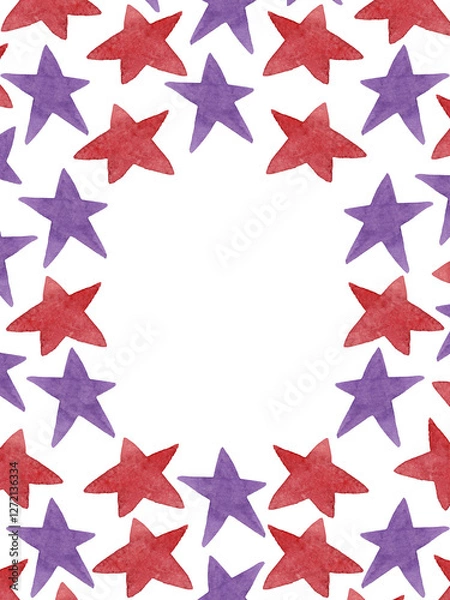 Fototapeta Watercolor purple and red stars. Festive frame for your design