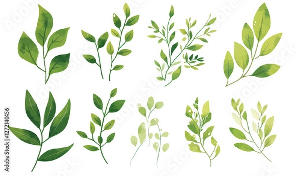 Fototapeta Watercolor Illustration of Green Leaves and Branches Set for Nature Design Projects