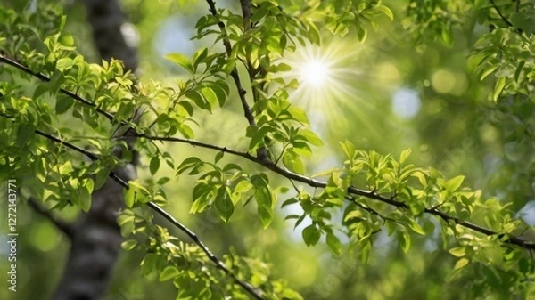 Obraz Sun rays through young leaves, young branches, spring sun