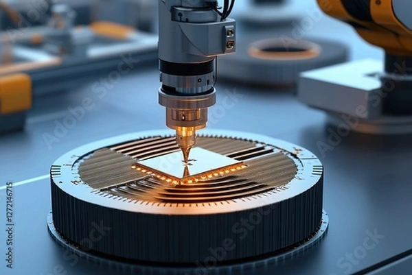 Fototapeta Robotic arms assembling silicon wafers in a semiconductor manufacturing facility