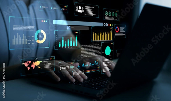Fototapeta Management data System KPI connected in database for follow earnings,operations and sales data.	Businessman using KPI dashboard.Financial business data analytics graph dashboard. 