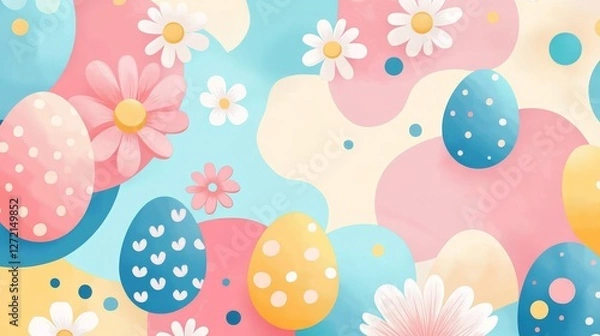 Obraz Easter 2D Vector Pattern | Cute Minimalist Easter Eggs, Bunnies & Flowers | Pastel Spring Seamless Design for Holiday Decor & Gift Wraps