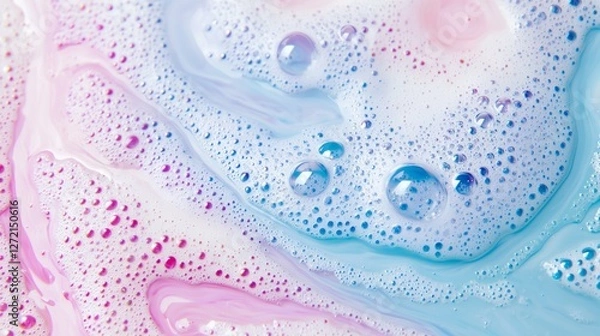 Obraz Soft hues of pink and blue blend beautifully in a thick layer of soap foam, with delicate bubbles rising to the surface, capturing a whimsical and serene atmosphere