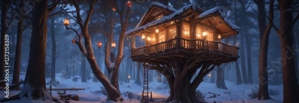 Fototapeta Cozy treehouse nestled in a snowy forest with twinkling lanterns on the roof, peaceful atmosphere, snowy forest, cozy treehouse